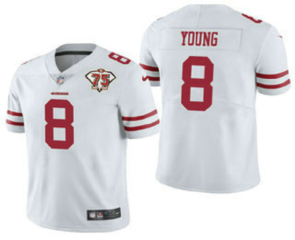 Men's San Francisco 49ers #8 Steve Young White 75th Anniversary Patch 2021 Vapor Untouchable Stitched Nike Limited Jersey