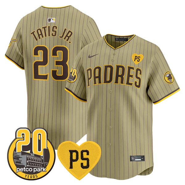 Men's San Diego Padres #23 Fernando Tatis Jr For Peter & Petco Park 20th Patch Vapor Premier Limited All Stitched Cool Base Jersey