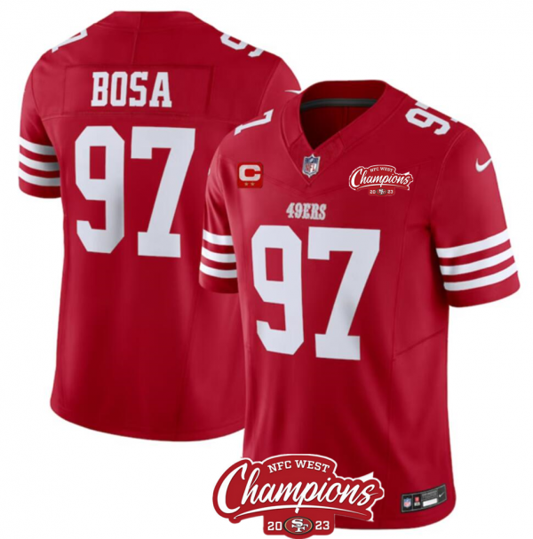 Men's San Francisco 49ers #97 Nick Bosa Red 2023 F.U.S.E. With 2-star C Patch And NFC West Champions Patch Stitched NFL Jersey