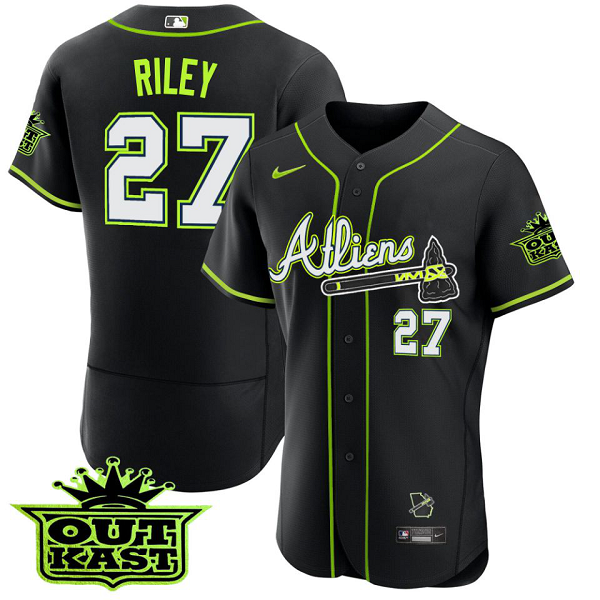 Men's Atlanta Braves #27 Austin Riley Black 2023 Out Kast Flex Base Jersey