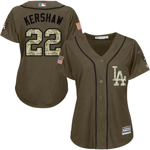 Los Angeles Dodgers #22 Clayton Kershaw Green Salute to Service Women's Stitched MLB Jersey