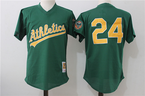 Mitchell and Ness Oakland Athletics #24 Rickey Henderson Green MLB Jersey 001