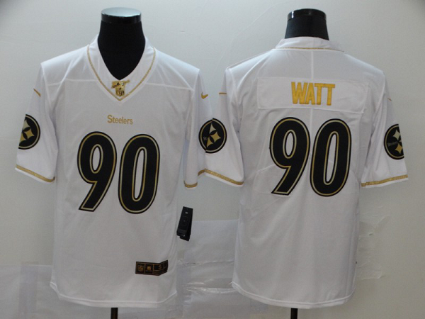 Men's Pittsburgh Steelers #90 T. J. Watt White 2019 100th Season Golden Edition Limited Stitched NFL Jersey