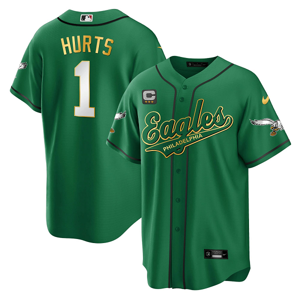 Men's Philadelphia Eagles #1 Jalen Hurts Green Baseball Stitched Jersey