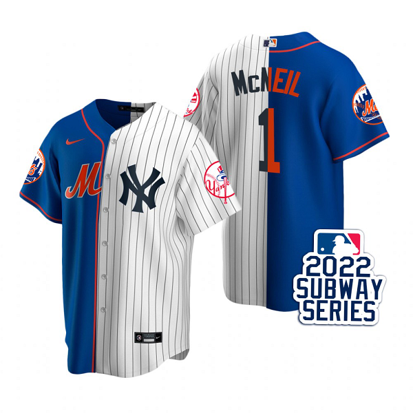 Men's New York Mets #1 Jeff McNeil Royal White 2022 Subway Series MLB Split Jersey