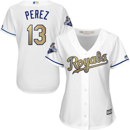 Kansas City Royals #13 Salvador Perez White 2015 World Series Champions Gold Program Cool Base Women's Stitched MLB Jersey