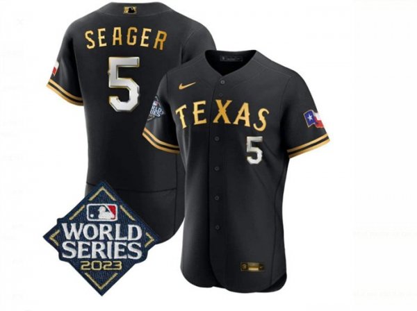 Men's Texas Rangers #5 Corey Seager Black Gold 2023 World Series Flex Base Stitched MLB Jersey