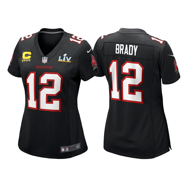 Women's Buccaneers #12 Tom Brady Super Bowl LV Black Captain Patch Game Fashion Jersey