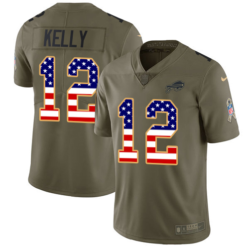 Nike Buffalo Bills #12 Jim Kelly Olive/USA Flag Men's Stitched NFL Limited 2017 Salute To Service Jersey