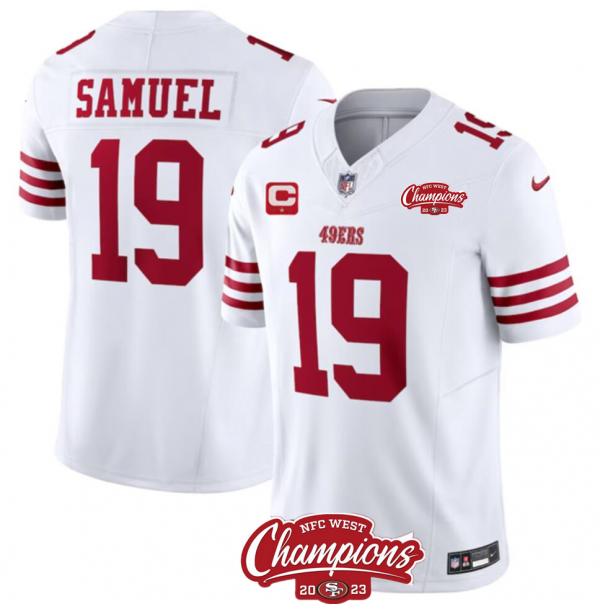 Men's San Francisco 49ers #19 Deebo Samuel White 2023 F.U.S.E. With 1-star C Patch And NFC West Champions Patch Stitched NFL Jersey