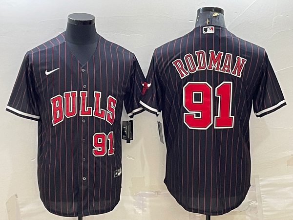 Men's Chicago Bulls #91 Dennis Rodman Black Strips Baseball Jersey