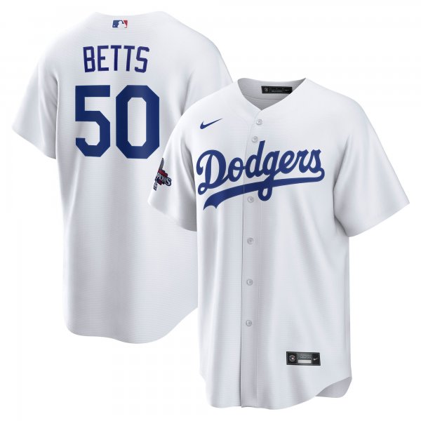 Men's #50 Los Angeles Dodgers Mookie Betts Nike White 2024 World Series Champions Player Jersey