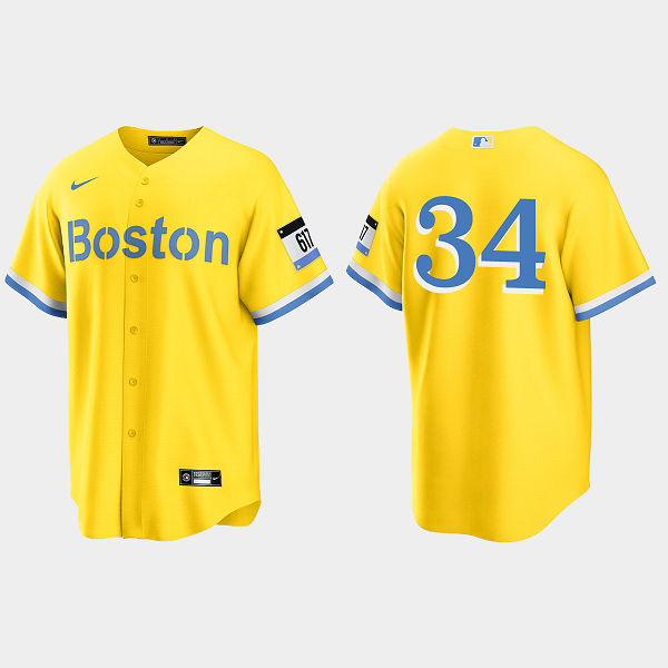 Men's Boston Red Sox #34 David Ortiz Gold Light Blue 2021 MLB City Connect Cool Base Jersey