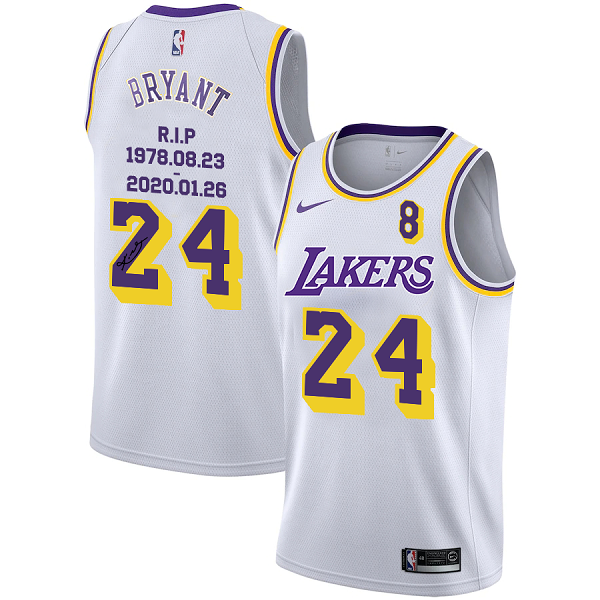 Men's Los Angeles Lakers #24 Kobe Bryant White R.I.P Signature Swingman Jerseys