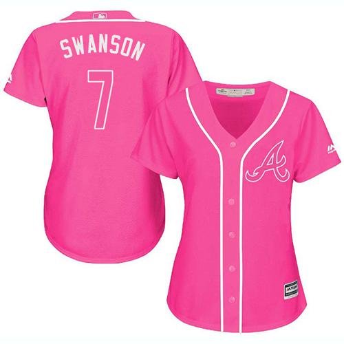 Atlanta Braves #7 Dansby Swanson Pink Fashion Women's Stitched MLB Jersey