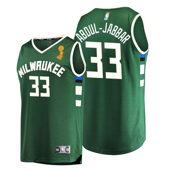 Men's Milwaukee Bucks #33 Kareem Abdul-Jabbar 2021 NBA Finals Champions Replica Green Jersey