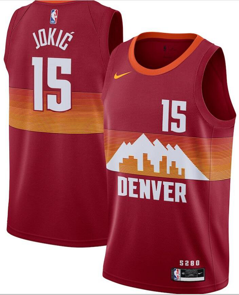 Men's Denver Nuggets #15 Nikola Jokic Red 2021 City Edition NBA Swingman Jersey With The Sponsor Logo