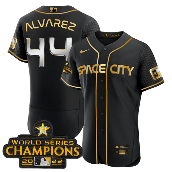 Men's Houston Astros #44 Yordan Alvarez 2023 Space City Champions Flex Base Black Golden Jersey