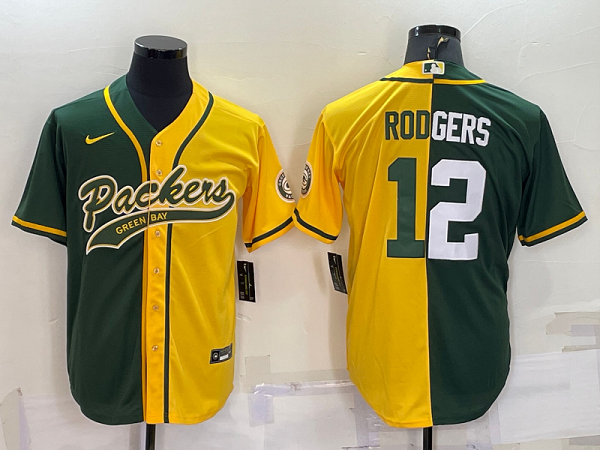 Men's Green Bay Packers #12 Aaron Rodgers Green Yellow Split Stitched Baseball Cool Base Jersey