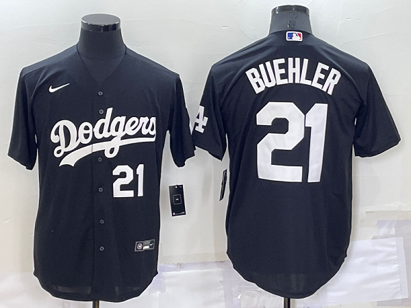 Men's Nike Los Angeles Dodgers #21 Walker Buehler Black Stitched Cool Base MLB Jersey