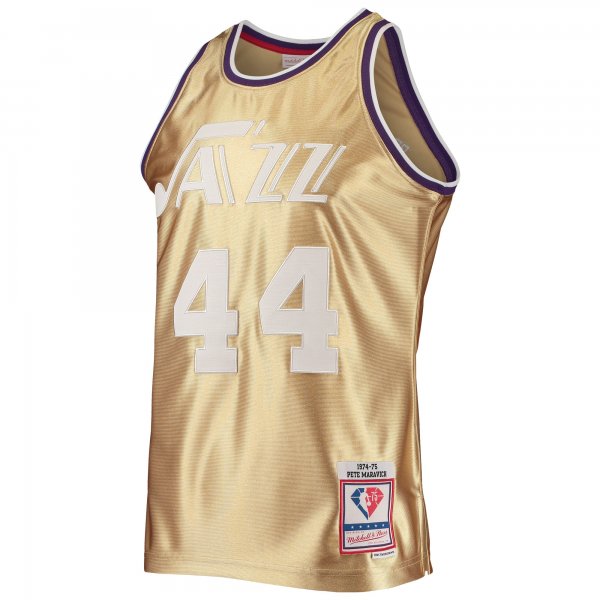 Men's New Orleans Jazz Pete Maravich Gold Mitchell & Ness 75th Anniversary 1974/75 Hardwood Classics Swingman Jersey