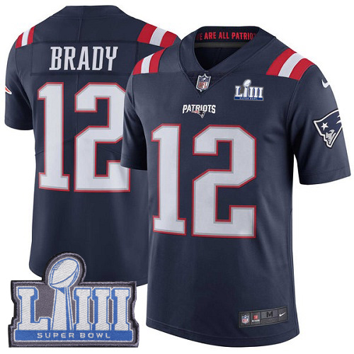 Nike New England Patriots #12 Tom Brady Navy Blue Super Bowl LIII Bound Men's Stitched NFL Limited Rush Jersey