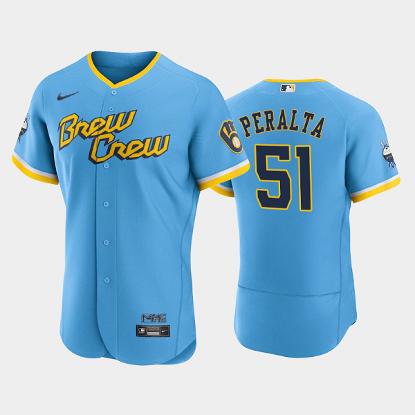 Men's Milwaukee Brewers 2022 City Connect #51 Freddy Peralta Flex Base MLB Jersey - Powder Blue