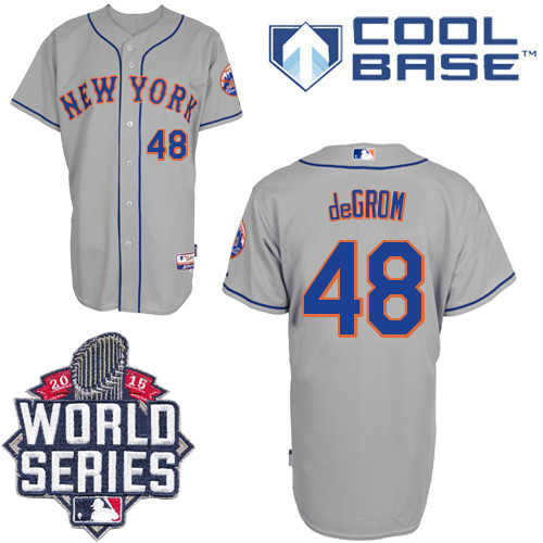 Men's New York Mets #48 Jacob DeGrom Grey Road Cool Base W/2015 World Series Patch Stitched MLB Jersey