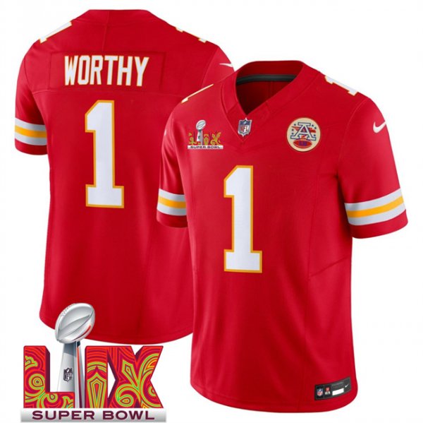 Men's Kansas City Chiefs #1 Xavier Worthy Red Super Bowl LIX F.U.S.E. Vapor Limited Stitched Jersey