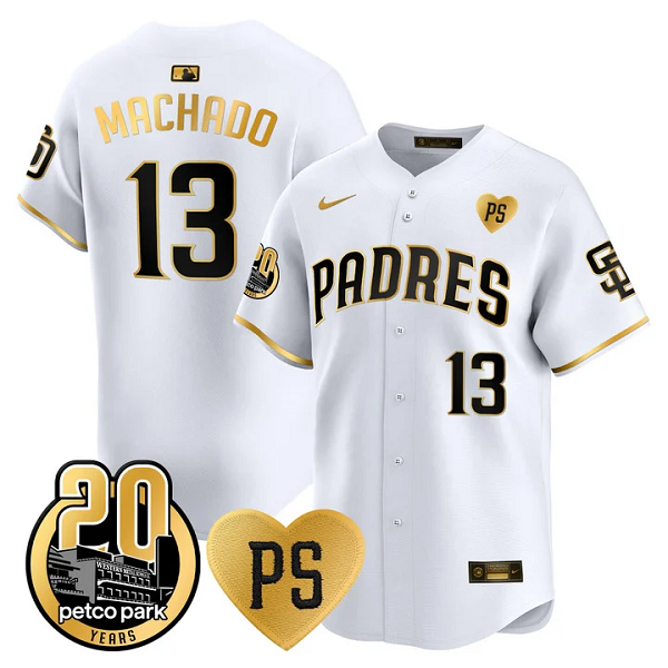 Men's San Diego Padres #13 Manny Machado For Peter & Petco Park 20th Patch Vapor Premier Limited All Stitched Cool Base Jersey