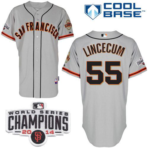 San Francisco Giants #55 Tim Lincecum Grey W/2014 World Series Champions Patch Stitched MLB Jersey