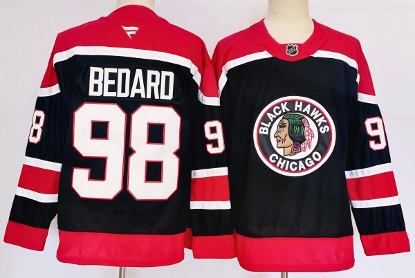 Men's #98 Connor Bedard Chicago Blackhawks Black And Red City Edition Jersey