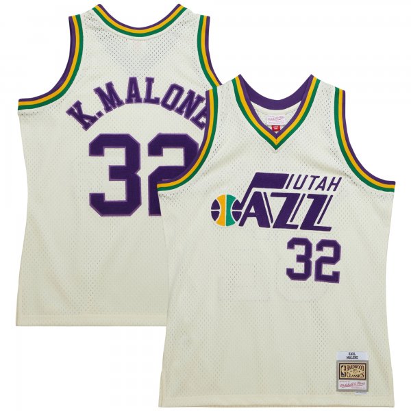 Men's Utah Jazz Karl Malone Mitchell & Ness Cream Chainstitch Swingman Jersey