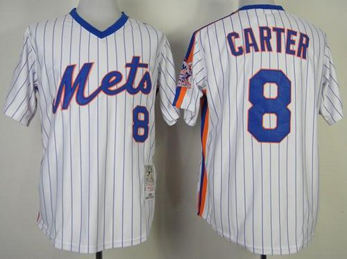 Men's Mitchell And Ness New York Mets #8 Gary Carter Stitched White Blue Strip Throwback MLB Jersey