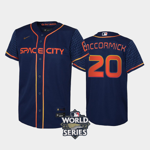 Youth's #20 Chas McCormick 2022 City Connect Houston Astros Cool Base Navy MLB Jersey with 2022 World Series Patch