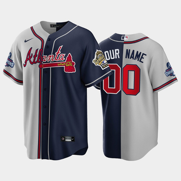 Men's Atlanta Braves 1995 Throwback Split Custom Gray Navy 2021 World Series Champions MLB Jersey