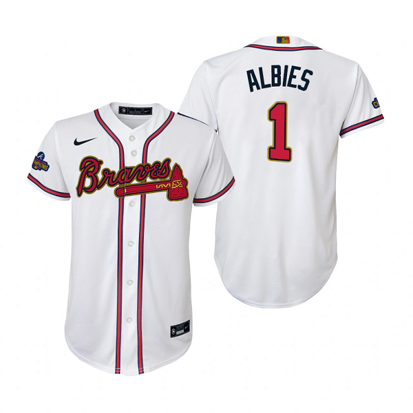 Youth #1 Ozzie Albies Atlanta Braves White 2022 Gold Program MLB Jersey