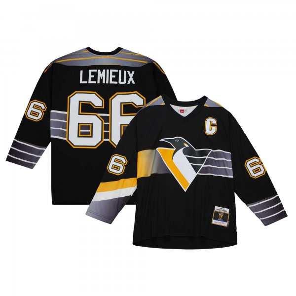 Men's Pittsburgh Penguins Mario Lemieux Mitchell & Ness Black Captain's Patch 1996/97 Blue Line Player Jersey