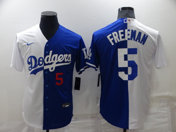 Men's Los Angeles Dodgers #5 Freddie Freeman Royal-White Split Cool Base MLB Stitched Jersey