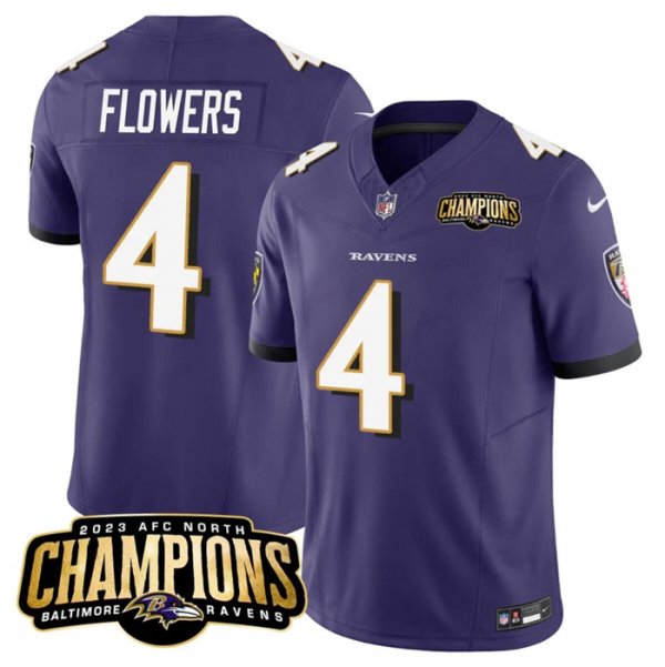 Men's Baltimore Ravens #4 Zay Flowers Purple 2023 F.U.S.E. AFC North Champions Vapor Limited NFL Jersey