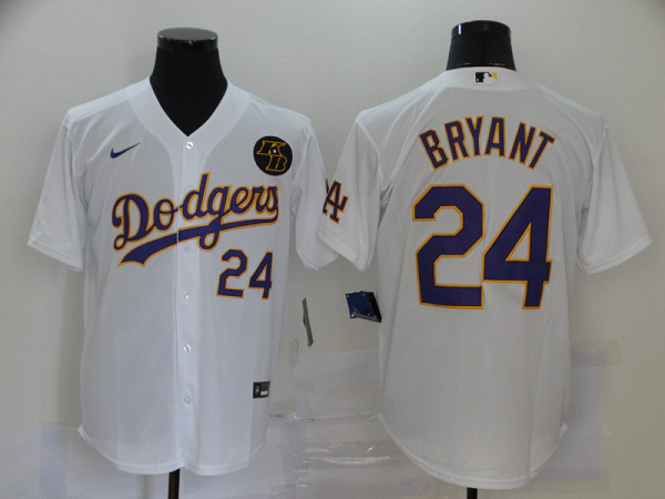 Men's Los Angeles Dodgers #24 Kobe Bryant White With Purple Name KB Patch Stitched MLB Cool Base Nike Jersey