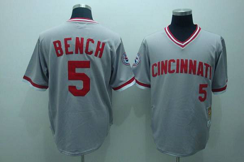 Mitchell And Ness Cincinnati Reds #5 Johnny Bench Stitched Grey Throwback MLB Jersey