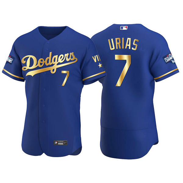 Men's #17 Julio Urias Los Angeles Dodgers 2021 Gold Program Royal World Series Champions Jersey