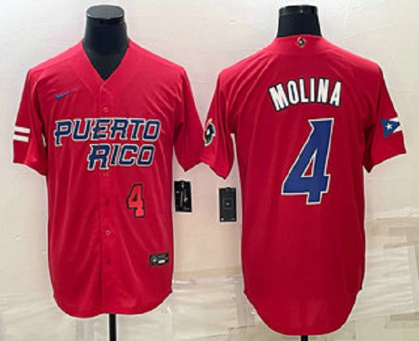 Men's Puerto Rico Baseball #4 Yadier Molina 2023 Red World Baseball Classic Stitched Jersey