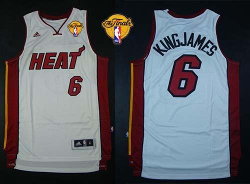 Men's Miami Heat #6 LeBron James White Nickname King James Finals Patch Stitched NBA Jersey