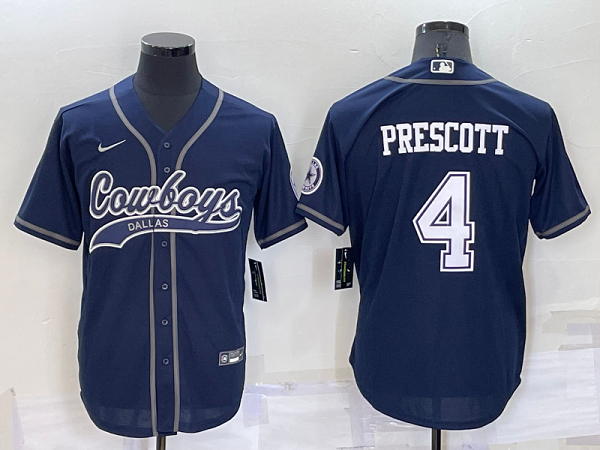 Men's Dallas Cowboys #4 Dak Prescott Dark Blue Stitched Baseball Cool Base Jersey