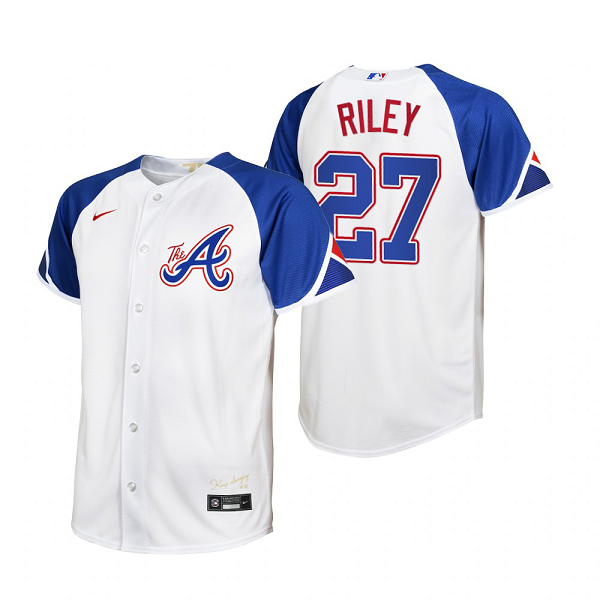 Youth Atlanta Braves #27 Austin Riley White 2023 City Connect Jersey