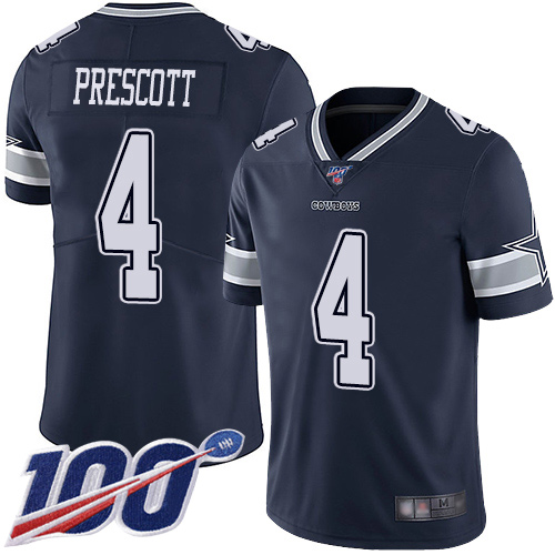 Dallas Cowboys #4 Dak Prescott Navy Blue Team Color Youth Stitched NFL 100th Season Vapor Limited Jersey